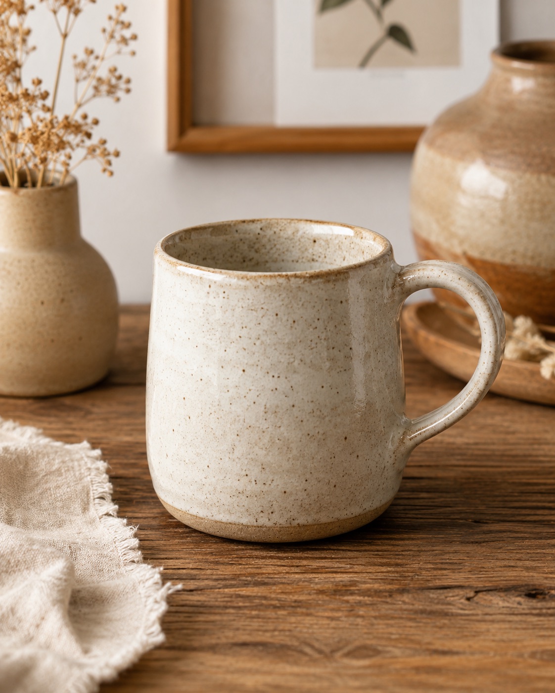 Ceramic mug on a rustic table before background removal