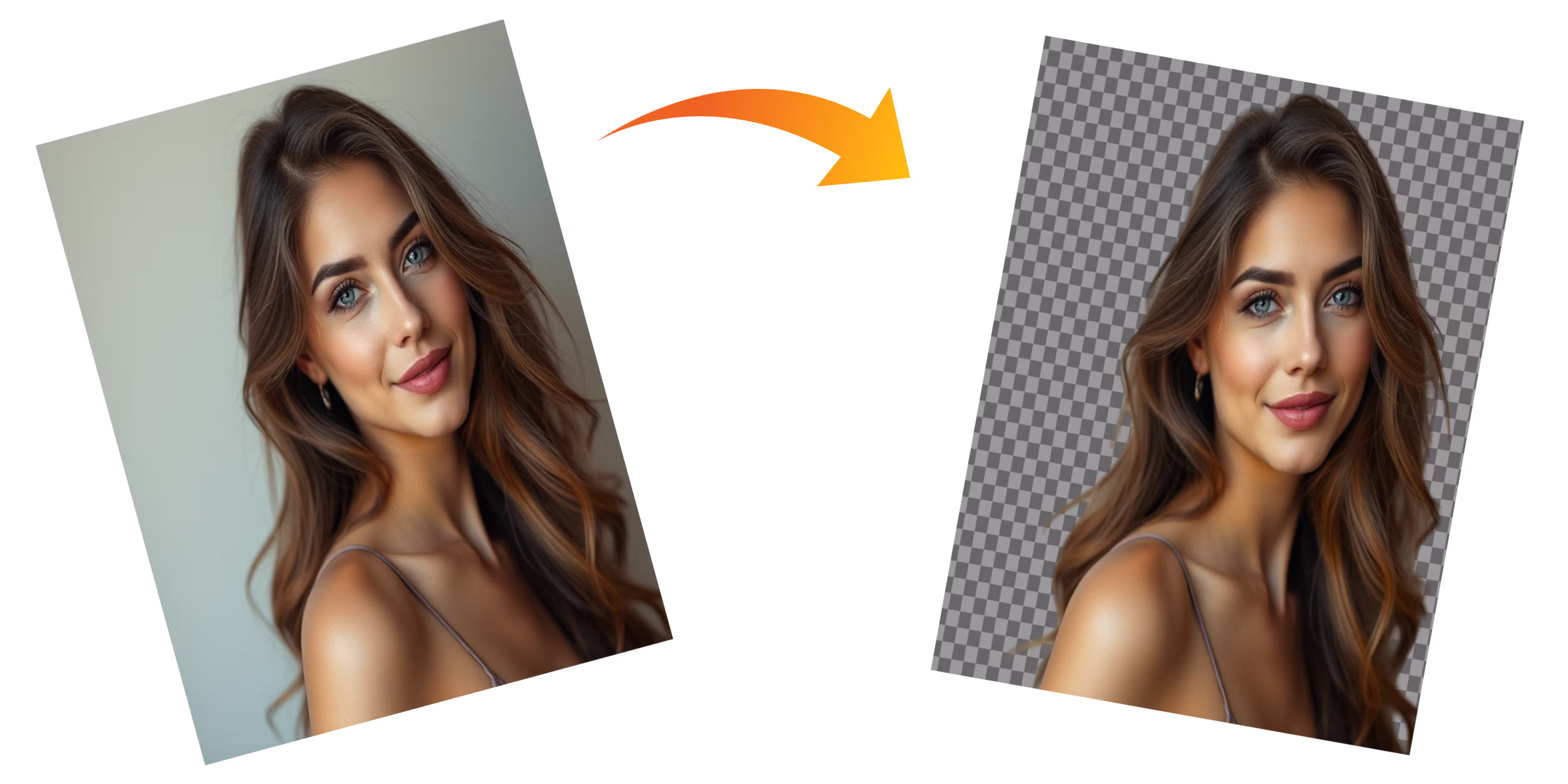 Before and after example of AI background removal showing a woman
